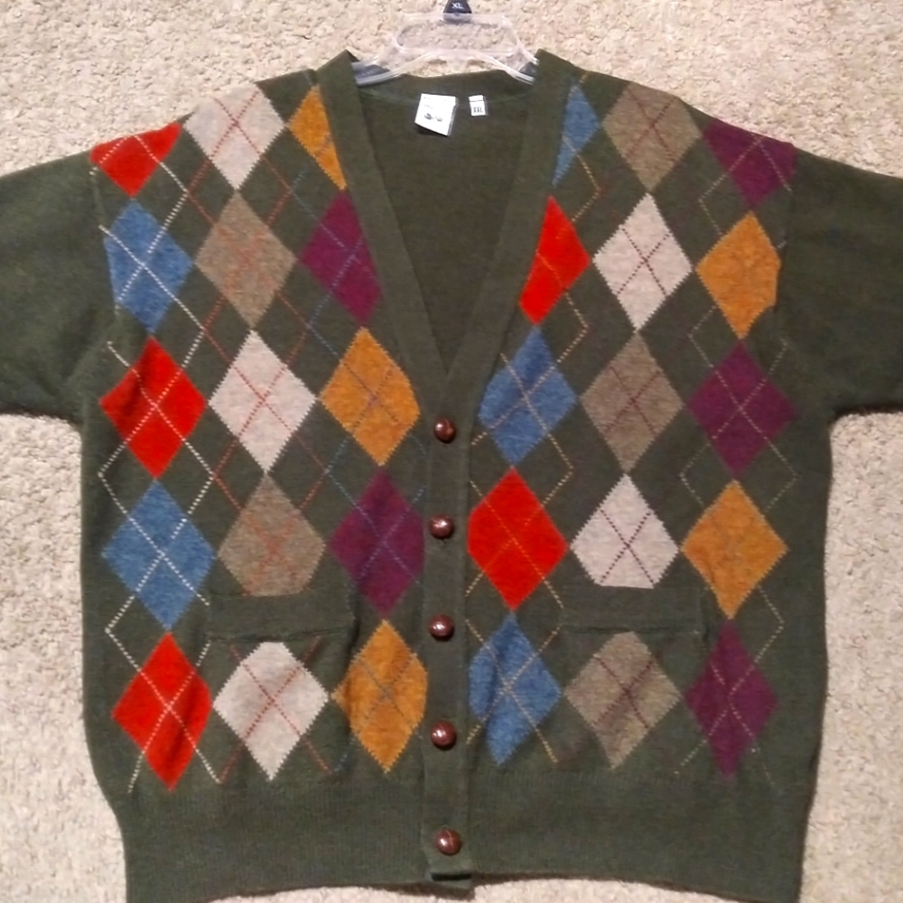 XXL avocado green lambswool made in Ireland argyle sweater